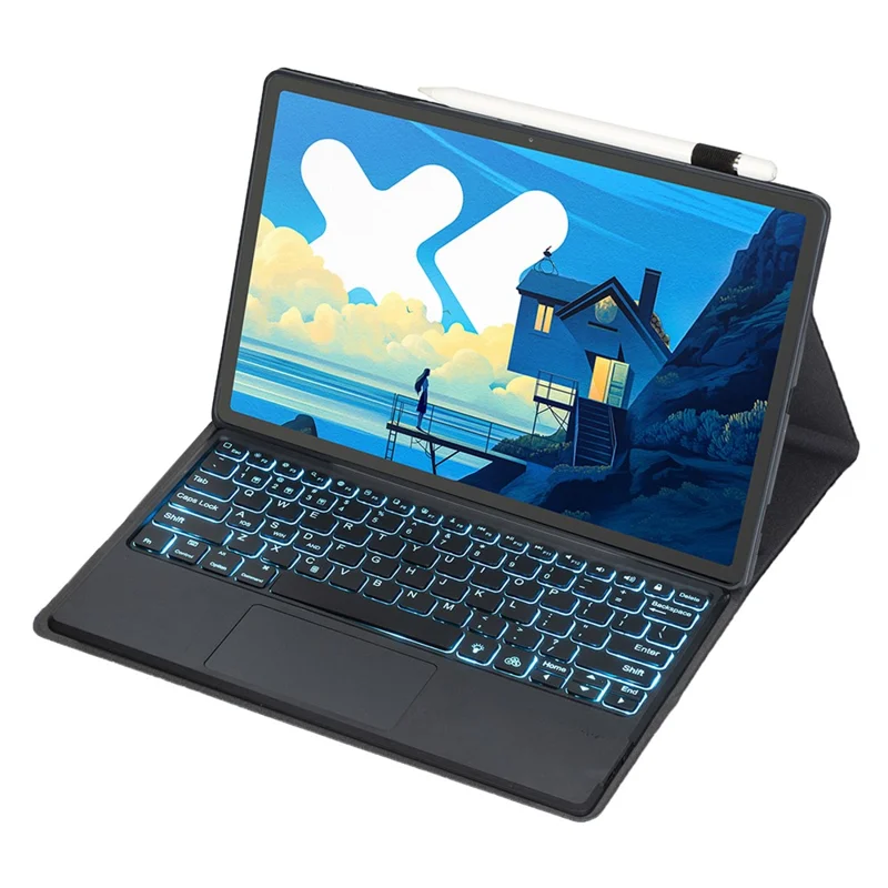 AM26-AS For Lenovo Xiaoxin Pad Pro 12.7 (2025) / Idea Tab Pro Slim Thin Leather Case + Touchpad Backlit Bluetooth-Compatible Keyboard - Black