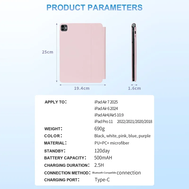 For iPad Air 13 (2025)  /  (2024)  /  Pro 12.9 (2022)  /  (2021)  /  (2020)  /  (2018)  Magnetic Bluetooth-Compatible Keyboard with PU Tablet Case - Pink