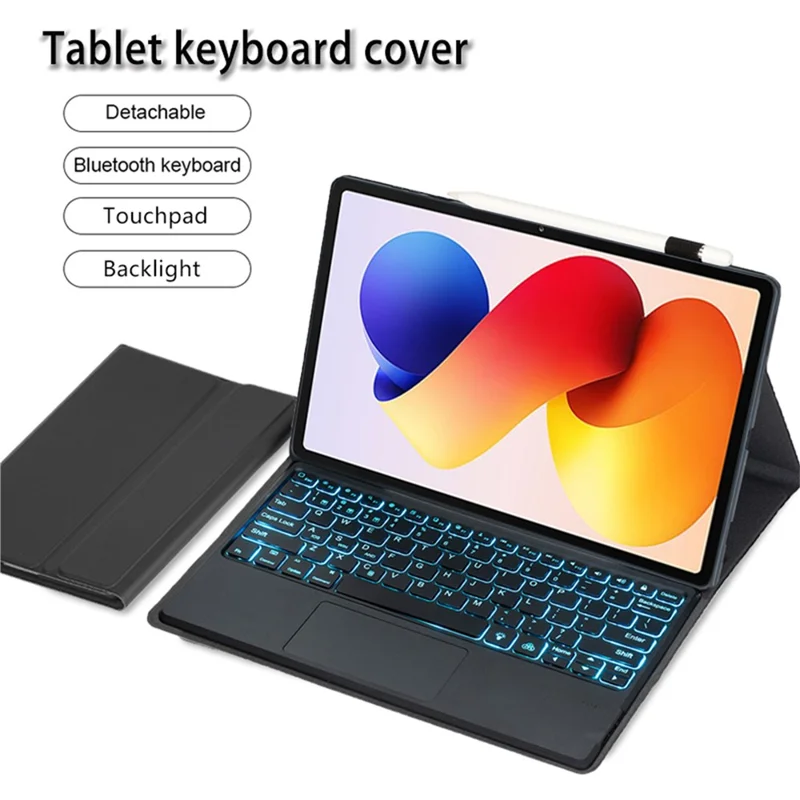 A0N19-AS لجهاز Xiaomi Redmi Pad 2 Pro / Poco Pad M1 غطاء لوحة مفاتيح قابل للفصل مع بلوتوث ومسند ولوحة لمس وإضاءة خلفية - أسود
