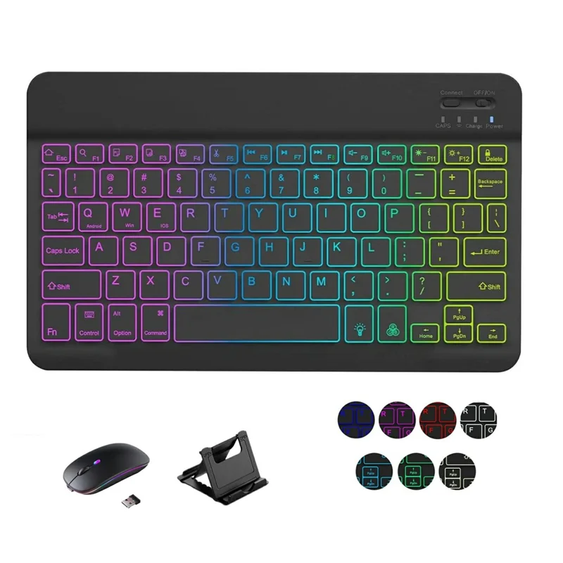 Bluetooth-kompatibles Tastatur-Maus-Set, 7-farbige Hintergrundbeleuchtung, Kombination mit Ständer für Tablet und Laptop – Schwarz