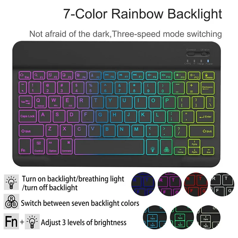Bluetooth-kompatibles Tastatur-Maus-Set, 7-farbige Hintergrundbeleuchtung, Kombination mit Ständer für Tablet und Laptop – Schwarz