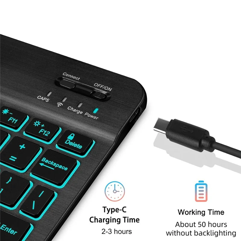 Bluetooth-kompatibles Tastatur-Maus-Set, 7-farbige Hintergrundbeleuchtung, Kombination mit Ständer für Tablet und Laptop – Schwarz