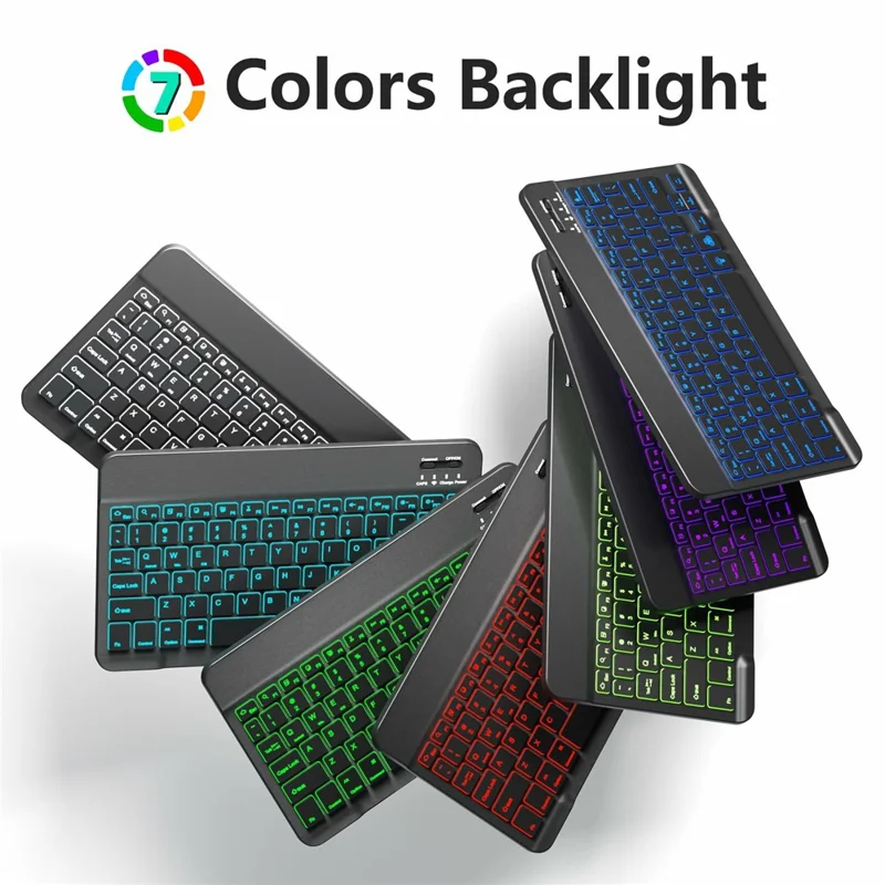 Bluetooth-kompatibles Tastatur-Maus-Set, 7-farbige Hintergrundbeleuchtung, Kombination mit Ständer für Tablet und Laptop – Schwarz
