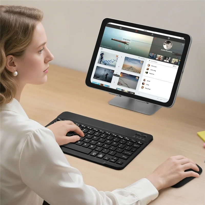 Bluetooth-kompatibles Tastatur-Maus-Set, 7-farbige Hintergrundbeleuchtung, Kombination mit Ständer für Tablet und Laptop – Schwarz