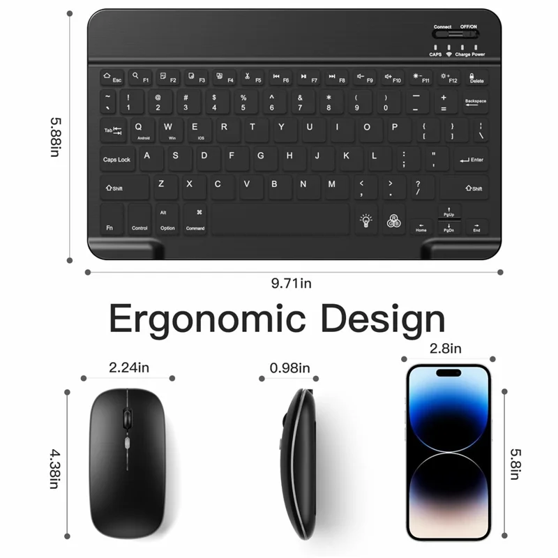 Bluetooth-kompatibles Tastatur-Maus-Set, 7-farbige Hintergrundbeleuchtung, Kombination mit Ständer für Tablet und Laptop – Schwarz