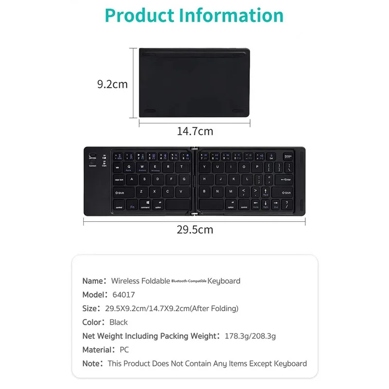 COTECI 64017 Беспроводная складная клавиатура с Bluetooth, портативная клавиатура для Android, iOS, Windows — черная