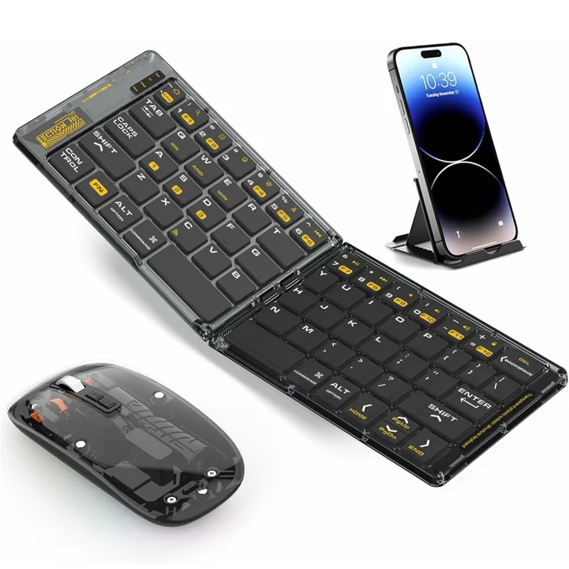 Conjunto mini plegable F01C de teclado y ratón Bluetooth con soporte para teléfono, inalámbrico recargable con conexión triple a dispositivos - Negro