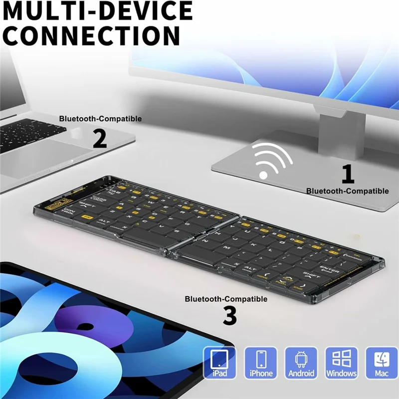 Conjunto mini plegable F01C de teclado y ratón Bluetooth con soporte para teléfono, inalámbrico recargable con conexión triple a dispositivos - Negro