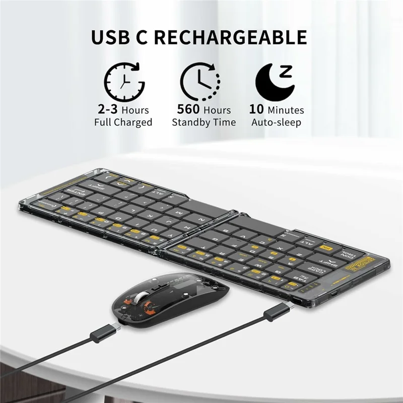 Conjunto mini plegable F01C de teclado y ratón Bluetooth con soporte para teléfono, inalámbrico recargable con conexión triple a dispositivos - Negro