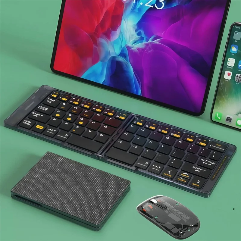 Conjunto mini plegable F01C de teclado y ratón Bluetooth con soporte para teléfono, inalámbrico recargable con conexión triple a dispositivos - Negro
