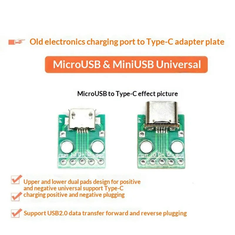 MC007 MicroUSB til Type-C adapterplade kompatibel med MiniUSB understøtter opladning i begge retninger dataoverførsel
