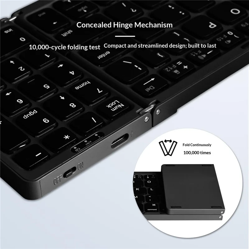 B089T 81-Key Tri-Fold Bluetooth-compatible Keyboard with Numeric Keypad Built-in Bracket for Phone Tablet Laptop - Black