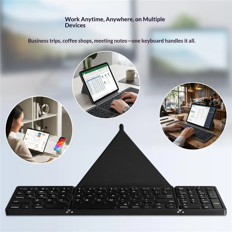 B089T 81-Key Tri-Fold Bluetooth-compatible Keyboard with Numeric Keypad Built-in Bracket for Phone Tablet Laptop - Black