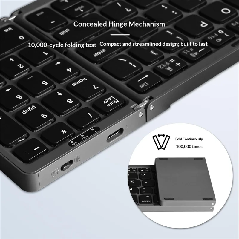 B089T 81-Key Tri-Fold Bluetooth-compatible Keyboard with Numeric Keypad Built-in Bracket for Phone Tablet Laptop - Grey