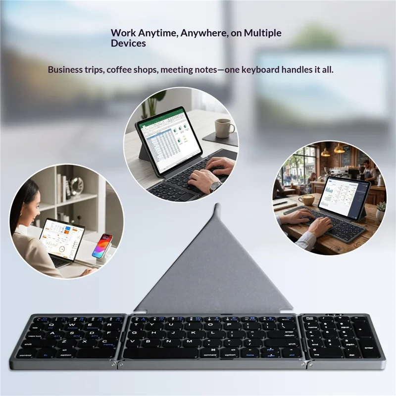 B089T 81-Key Tri-Fold Bluetooth-compatible Keyboard with Numeric Keypad Built-in Bracket for Phone Tablet Laptop - Grey