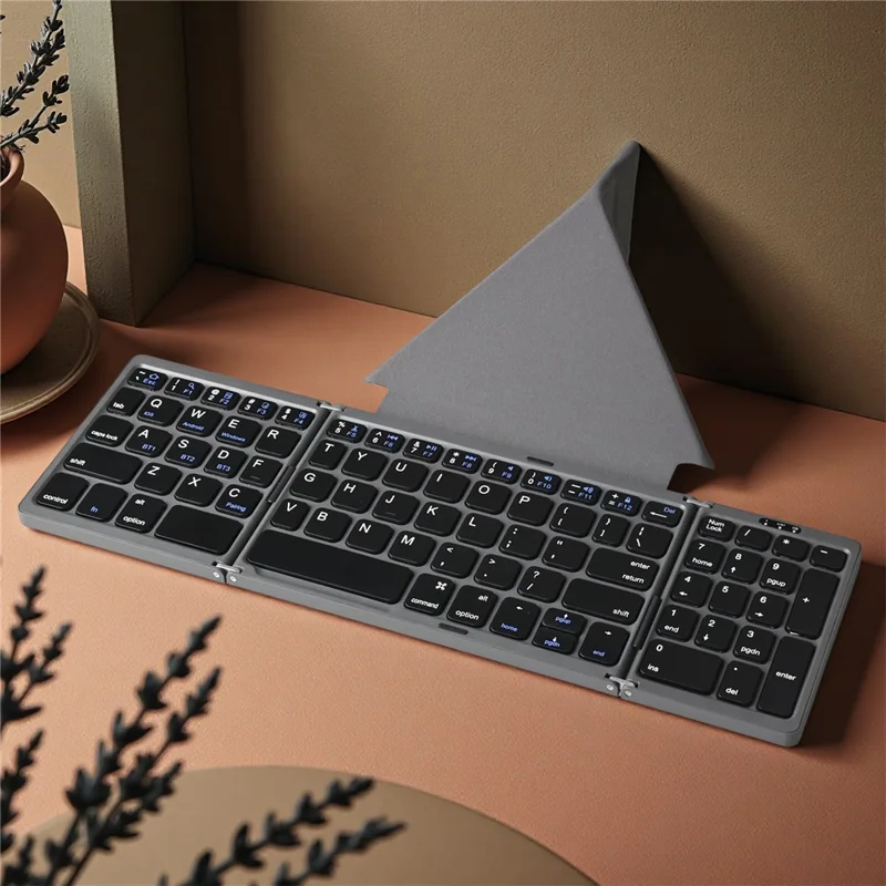 B089T 81-Key Tri-Fold Bluetooth-compatible Keyboard with Numeric Keypad Built-in Bracket for Phone Tablet Laptop - Grey