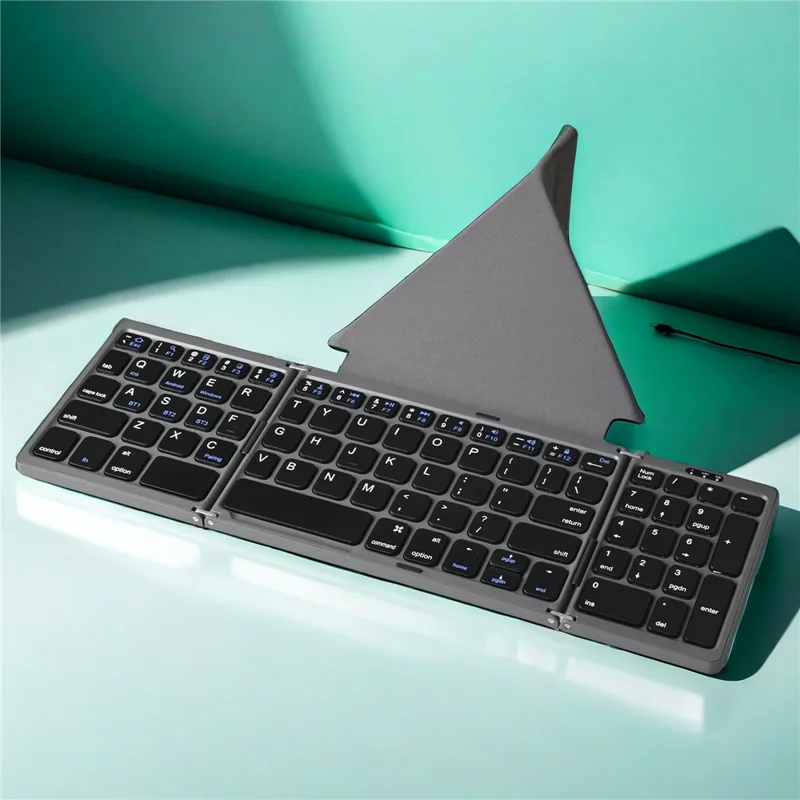 B089T 81-Key Tri-Fold Bluetooth-compatible Keyboard with Numeric Keypad Built-in Bracket for Phone Tablet Laptop - Grey