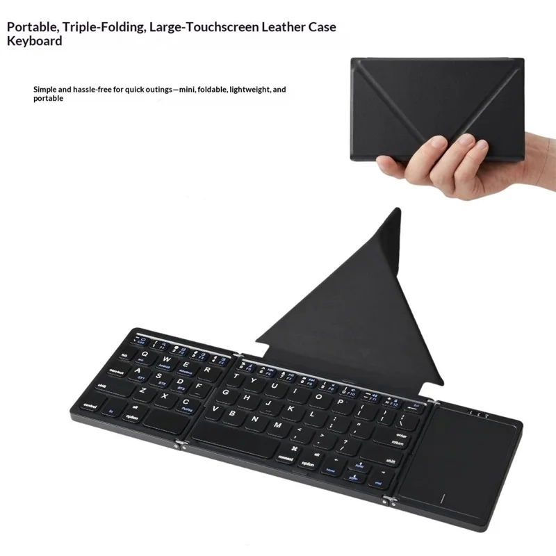 B089T 61-Key Triple-Fold Bluetooth-Compatible Keyboard with Touchpad Built-in Bracket for Phone Tablet PC - Black