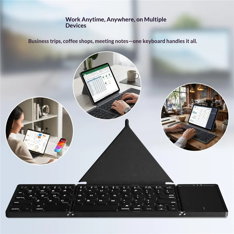B089T 61-Key Triple-Fold Bluetooth-Compatible Keyboard with Touchpad Built-in Bracket for Phone Tablet PC - Black