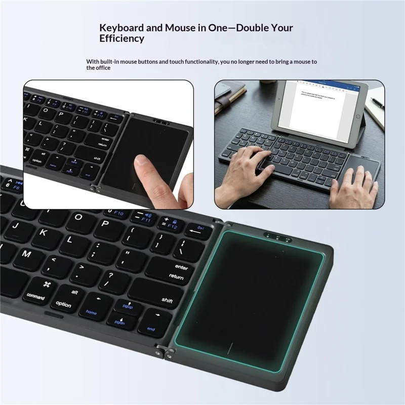 B089T 61-Key Triple-Fold Bluetooth-Compatible Keyboard with Touchpad Built-in Bracket for Phone Tablet PC - Black