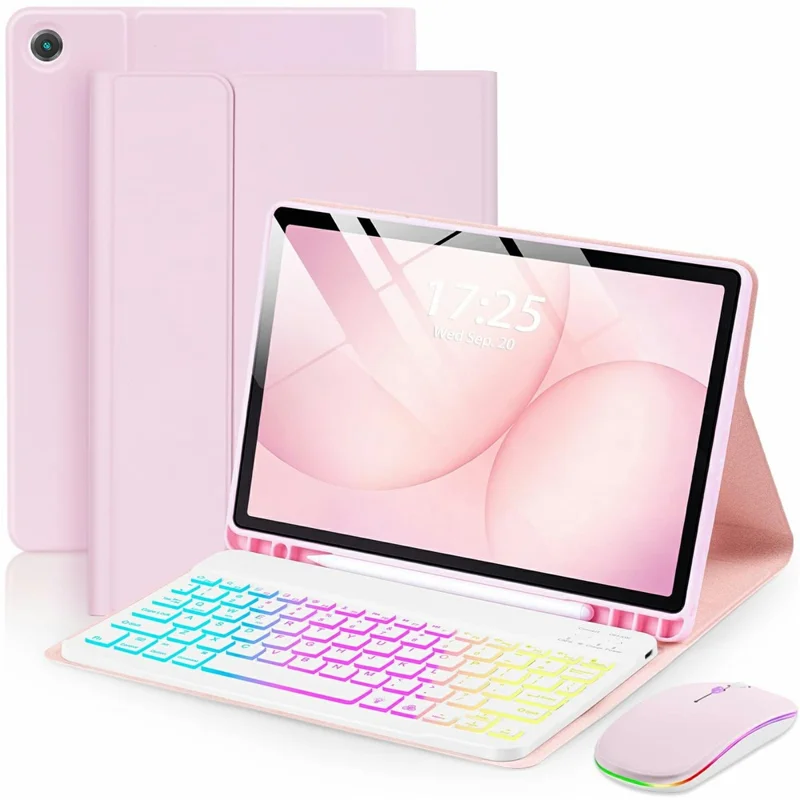 For Samsung Galaxy Tab A9+ / A11+ 7-Color Backlit Bluetooth-compatible Keyboard Case with Mouse Combo - Pink