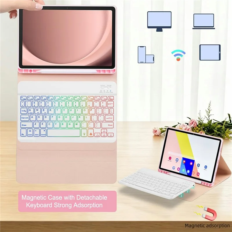 For Samsung Galaxy Tab A9+ / A11+ 7-Color Backlit Bluetooth-compatible Keyboard Case with Mouse Combo - Pink