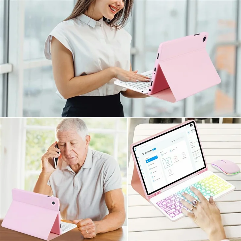 For Samsung Galaxy Tab A9+ / A11+ 7-Color Backlit Bluetooth-compatible Keyboard Case with Mouse Combo - Pink