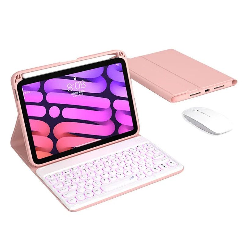 Detachable Magnetic Bluetooth-compatible Keyboard Protective Cover TPU Tablet Stand Case with Mouse Pencil Holder Backlit for iPad mini (2021) - Pink