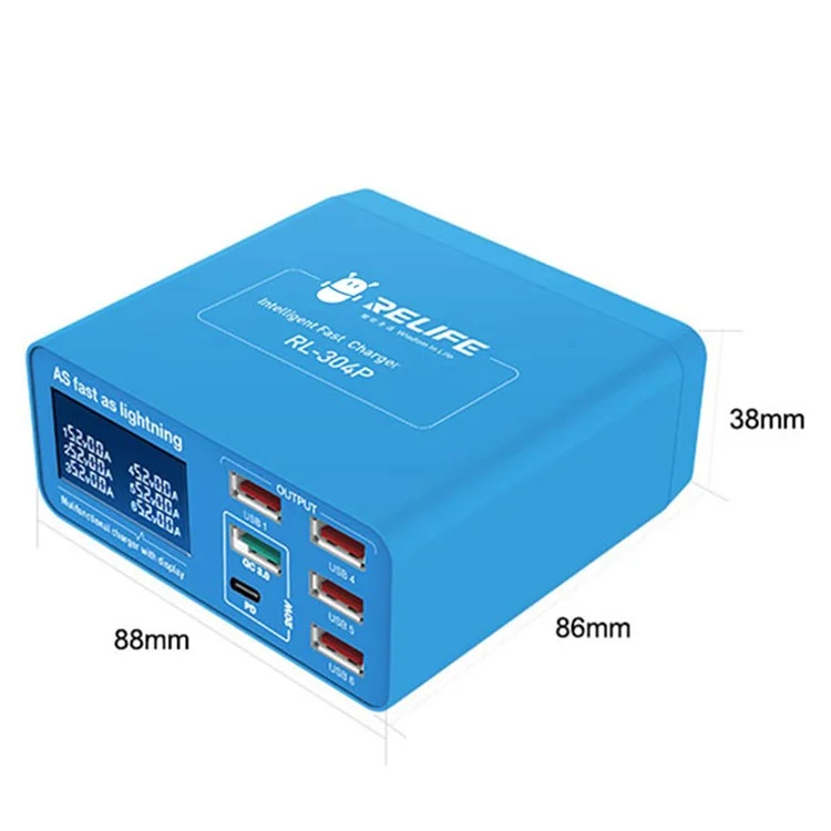 Relife RL-304P 6-Port Intelligent QC 3.0 PD Charger de Charge Rapide Avec Affichage Numérique