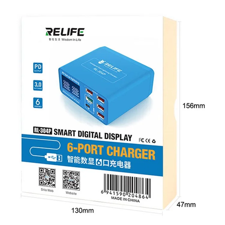 Refide RL-304P 6-port Intelligent QC 3.0 PD Carregador de Carregamento Rápido Com Exibição Digital