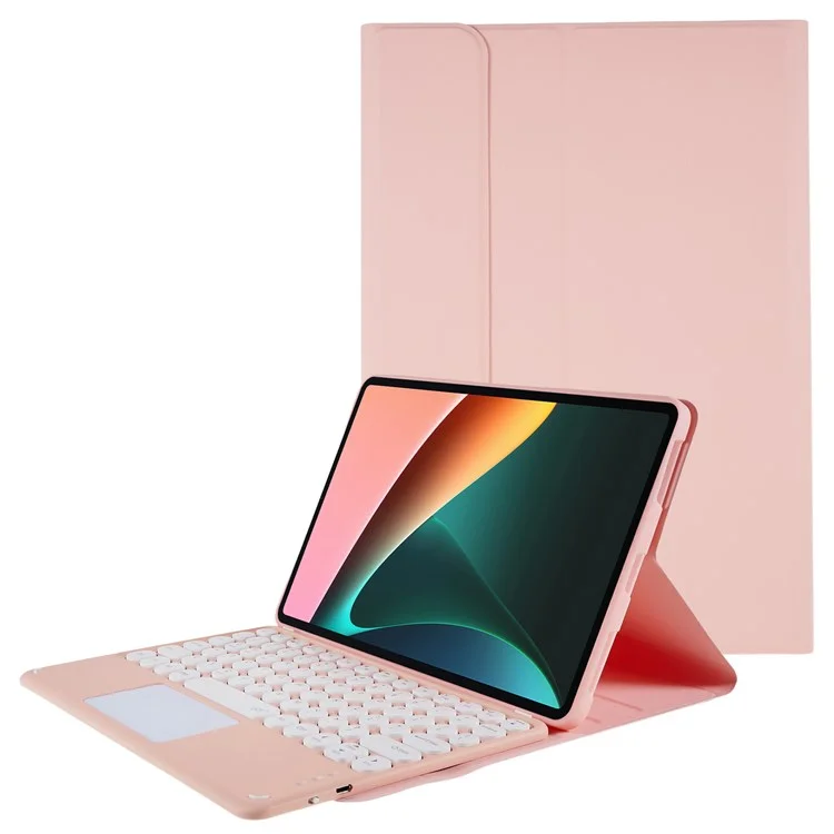 For Xiaomi Pad 5/5 Pro PU Leather Stand Case Tablet Cover + Round Cap Wireless Bluetooth-compatible Keyboard with Touchpad - Pink