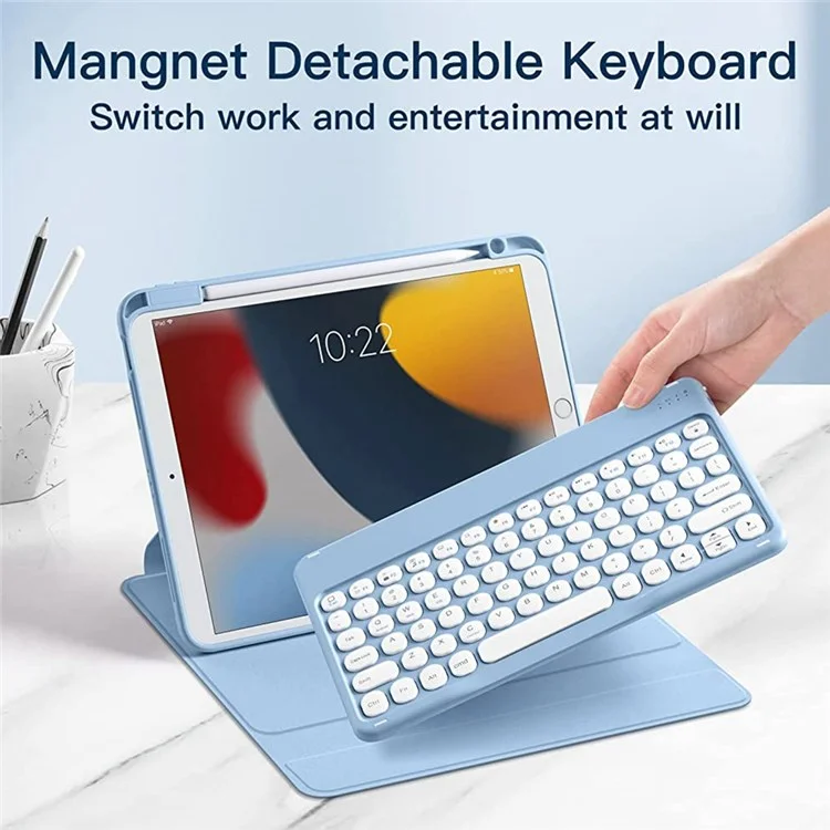 For iPad 10.2 (2019)/(2020)/(2021) 360-Degree Rotation PU Leather Bluetooth-compatible 3.0 Keyboard Shell Set with Transparent Back Plate + Dual-Mode Mouse - Blue