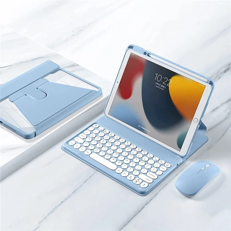 For iPad 10.2 (2019)/(2020)/(2021) 360-Degree Rotation PU Leather Bluetooth-compatible 3.0 Keyboard Shell Set with Transparent Back Plate + Dual-Mode Mouse - Blue