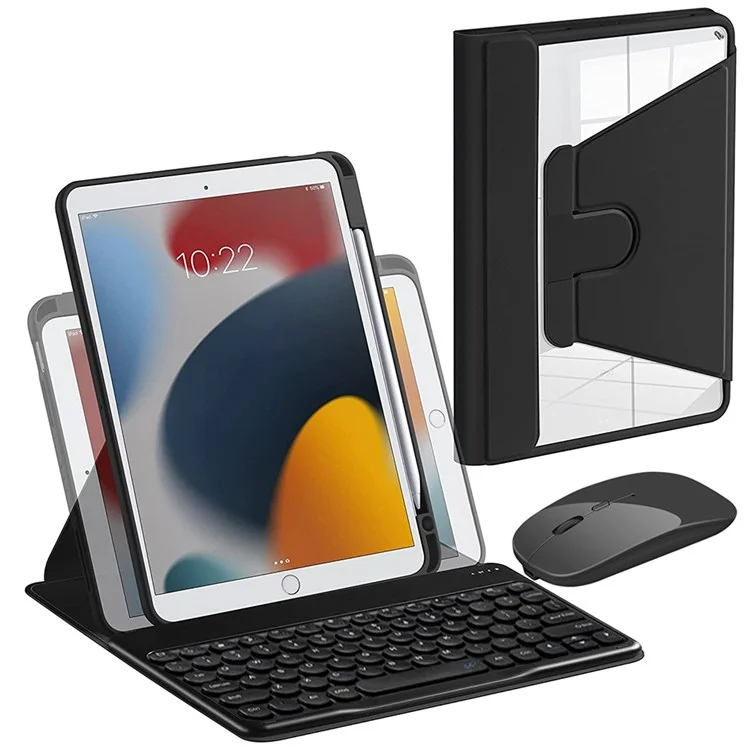 Per iPad 10.2 (2019)/(2020)/(2021) Rotazione a 360 gradi Set di guscio in pelle PU Bluetooth 3.0 Keyboard + Pannello posteriore trasparente + Mouse a doppia modalità - Nero