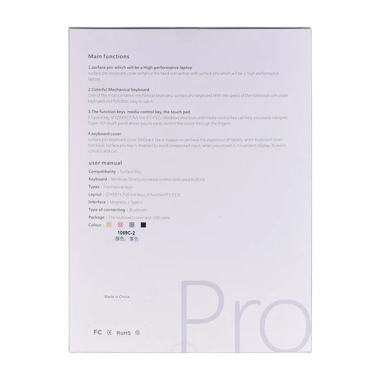 1089D для Microsoft Surface Pro 3 / 4 / 5 / 6 / 7 Клавиатура с цветной подсветкой Magnetic Adsorption Bluetooth Wireless с сенсорной панелью