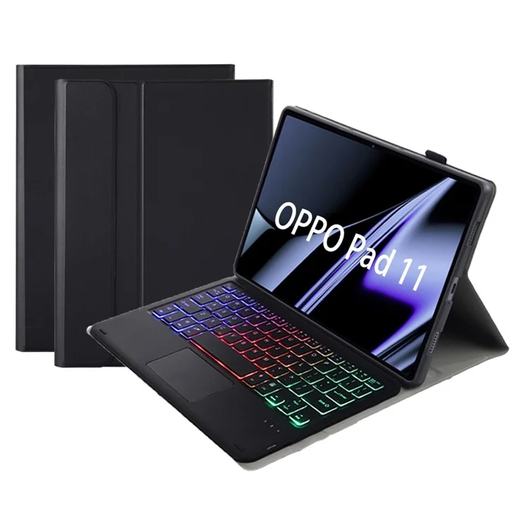 OP11-AS For Oppo Pad 11-inch PU Leather Protective Case + Detachable Bluetooth-compatible Keyboard with 3-Color Backlit  / TouchPad - Black