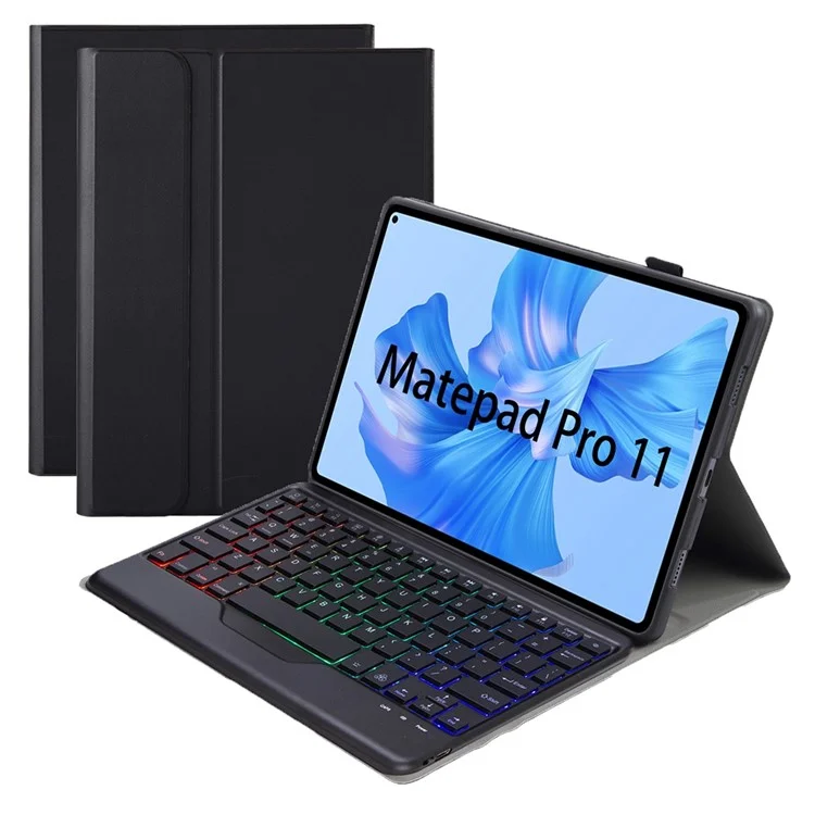 AHW12-BS Für Huawei Matepad Pro 11 (2022) Lederständer Schutzhülle Mit Abnehmbarer Dreifarbiger Backlight Bluetooth-tastatur - Schwarz