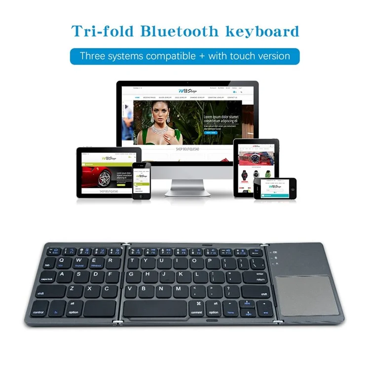 B033 Portable Tri-Fold Bluetooth-Compatible Keyboard Universal Laptop Tablet Phone Wireless Keyboard with Touchpad - Grey