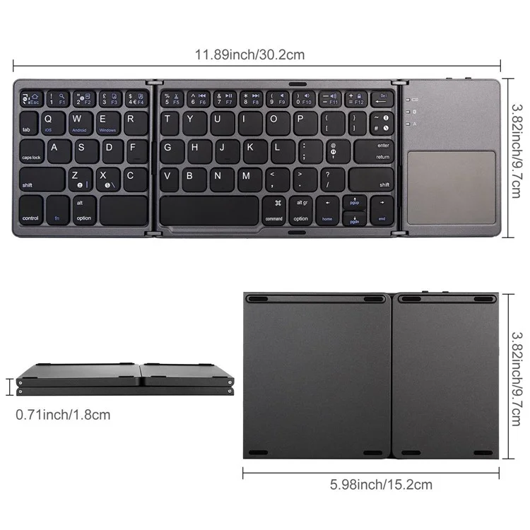 B033 Portable Tri-fold Bluetooth Keyboard Universal Laptop Tablet Phone Wireless Keyboard with Touchpad - Black