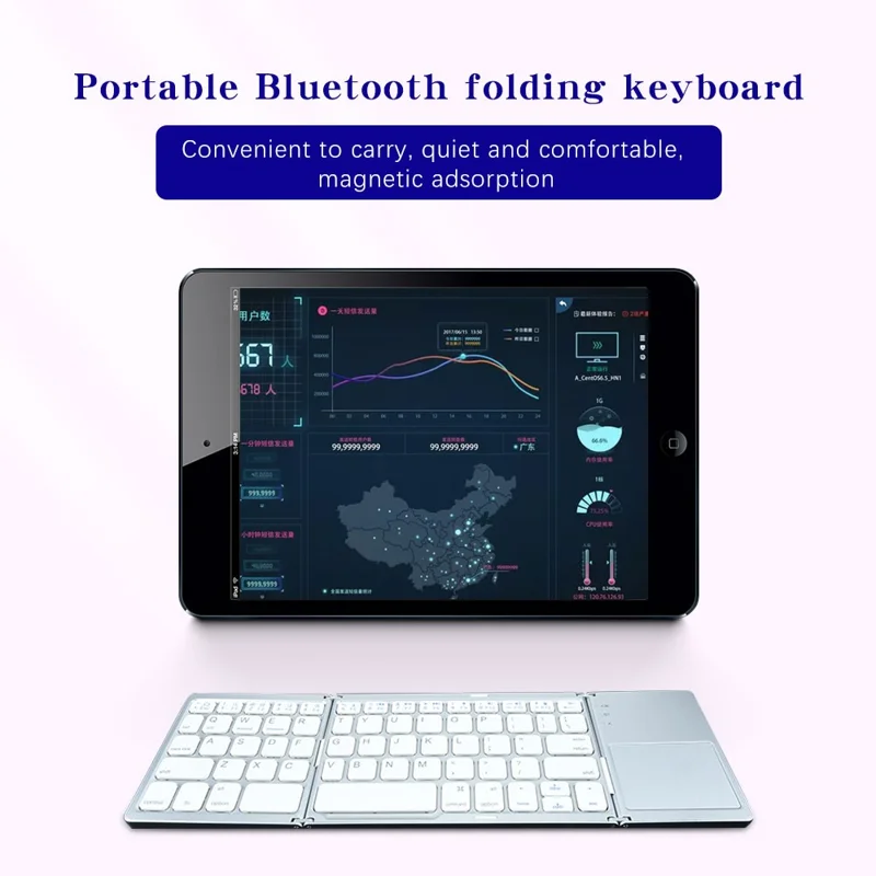 B033 Portable Tri-fold Bluetooth-compatible Keyboard Universal Laptop Tablet Phone Wireless Keyboard with Touchpad - White