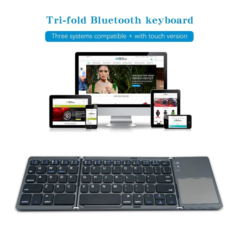 B033 Portable Tri-fold Bluetooth-compatible Keyboard Universal Laptop Tablet Phone Wireless Keyboard with Touchpad - White
