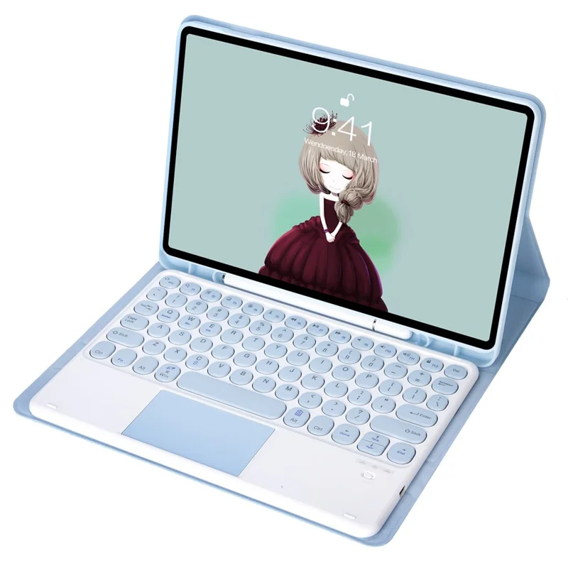 YT098B-A For iPad Air (2020) / (2022) Round Keys Wireless Bluetooth-compatible Keyboard with TouchPad, Skin Touch Shockproof Stand Case with Pen Slot - Blue