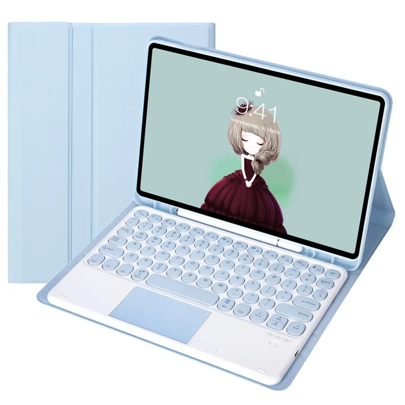 YT098B-A For iPad Air (2020) / (2022) Round Keys Wireless Bluetooth-compatible Keyboard with TouchPad, Skin Touch Shockproof Stand Case with Pen Slot - Blue