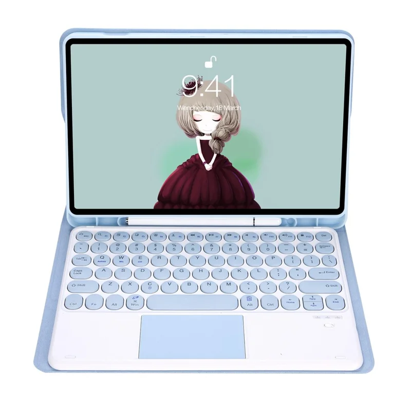 YT098B-A For iPad Air (2020) / (2022) Round Keys Wireless Bluetooth-compatible Keyboard with TouchPad, Skin Touch Shockproof Stand Case with Pen Slot - Blue