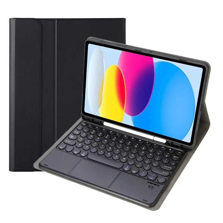 YA10B-A für iPad 10.9 (2022) Leder + TPU Tablet Stylus Halter Schutzhülle mit rundem Tastendesign Touchpad Bluetooth-Tastatur - Schwarz
