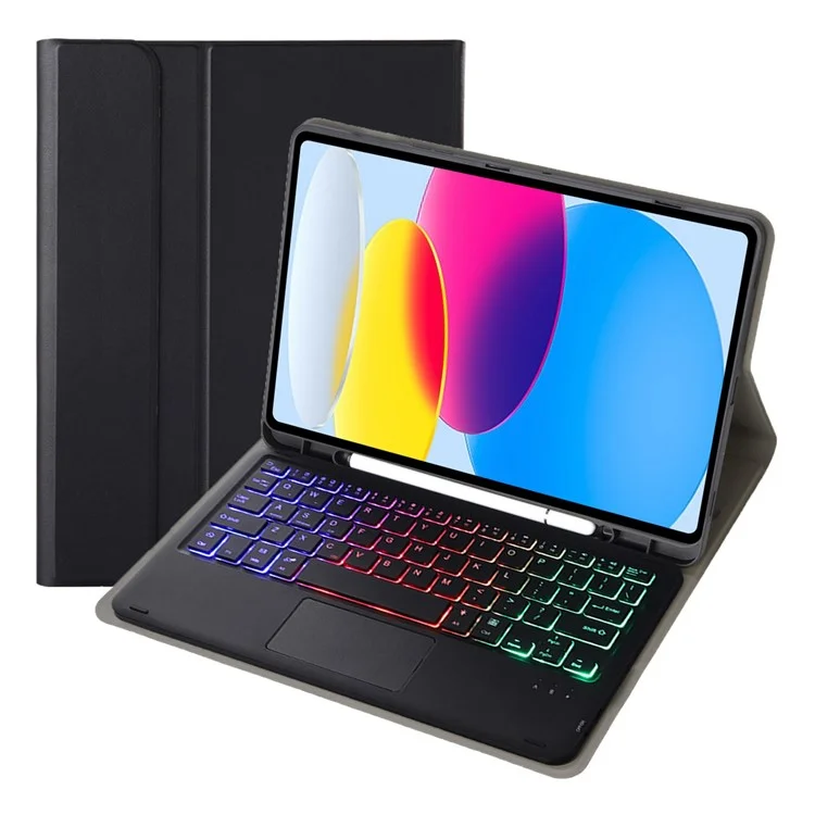 A10B-AS for iPad (2025) / 10.9 (2022) Leather + TPU Tablet Stand Cover + Detachable Backlit Bluetooth-Compatible Keyboard with Touchpad - Black
