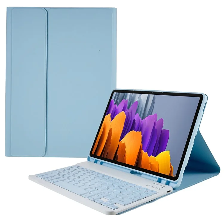 SK-T870 For Samsung Galaxy Tab S7 / S8 11-inch T870 / X700 / T875 Ultra-Thin Leather Tablet Stand Case with Detachable Bluetooth-compatible Keyboard - Baby Blue
