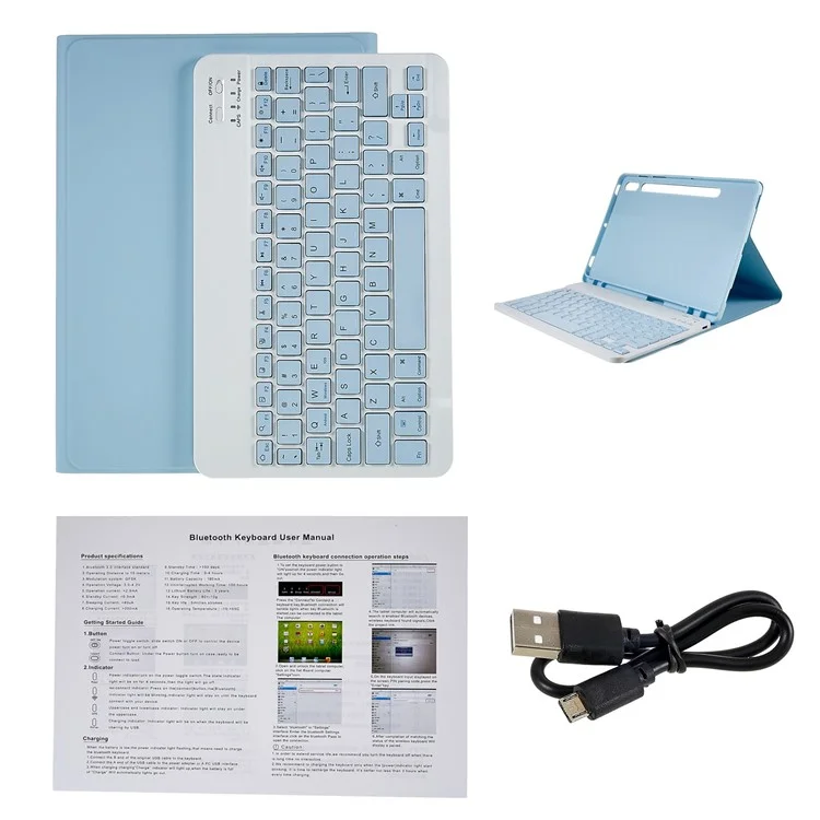 SK-T870 For Samsung Galaxy Tab S7 / S8 11-inch T870 / X700 / T875 Ultra-Thin Leather Tablet Stand Case with Detachable Bluetooth-compatible Keyboard - Baby Blue
