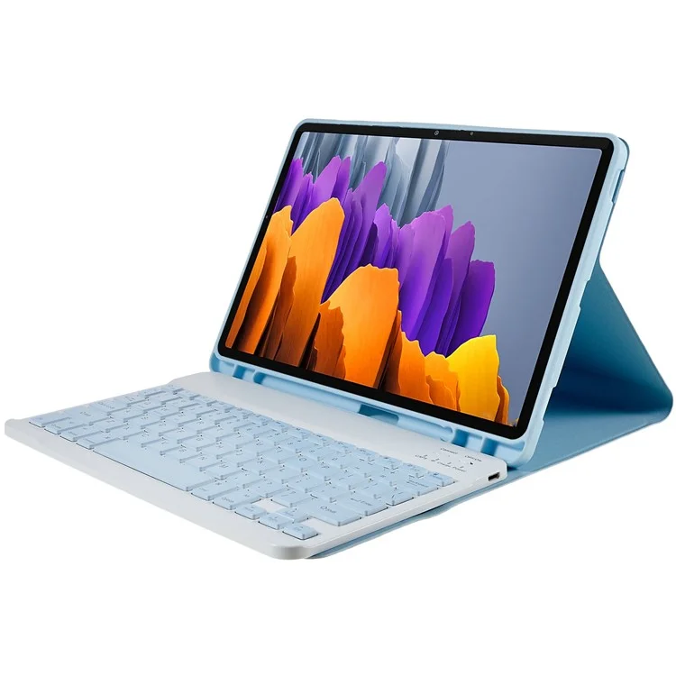 SK-T870 For Samsung Galaxy Tab S7 / S8 11-inch T870 / X700 / T875 Ultra-Thin Leather Tablet Stand Case with Detachable Bluetooth-compatible Keyboard - Baby Blue