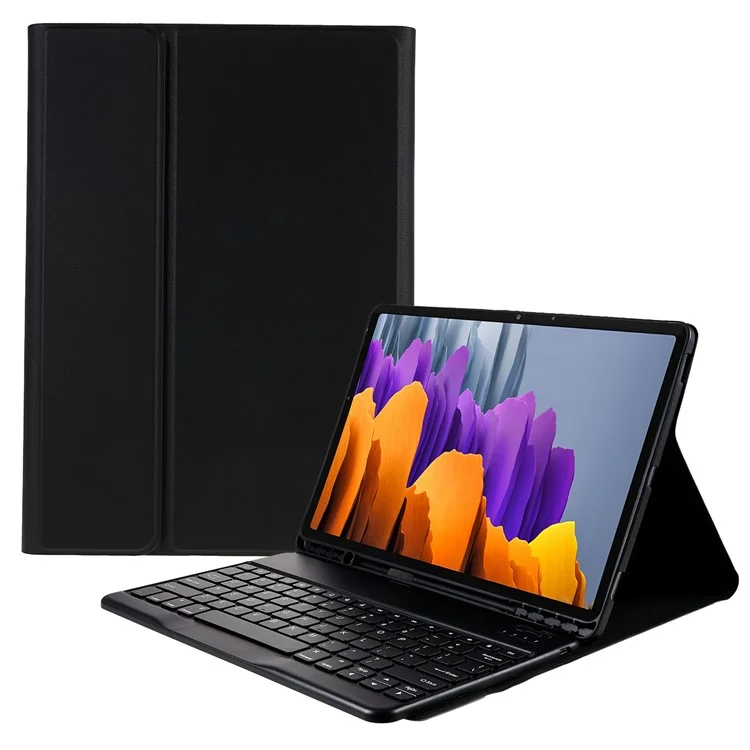 For Samsung Galaxy Tab S7+ (T970 / S7FE T730 T733) / S8+ Bluetooth-compatible Keyboard Case with PU Leather Cover Wireless Keyboard Protective Case - Black
